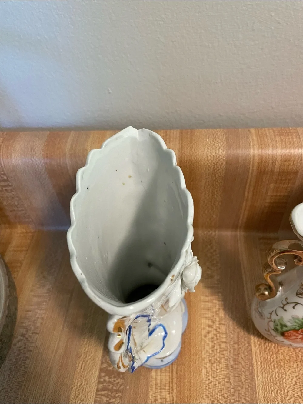 Vintage White and Blue Floral Ceramic Vase with Gold Handles
